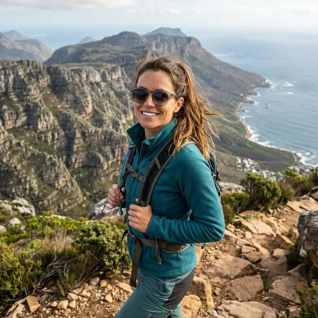 Mujer usando lentes sol Lenga bio-acetato polarizados Gris mujer aventura outdoor naturaleza proteccion UV Bonoboss #editorial_sustentabilidad #color_gris
