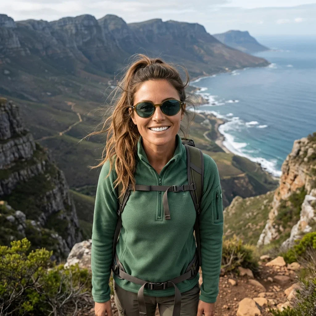 Mujer usando lentes sol Capri RPET reciclado polarizados olive light aventura naturaleza outdoor sustentable Bonoboss #editorial_sustentabilidad #color_olive-light