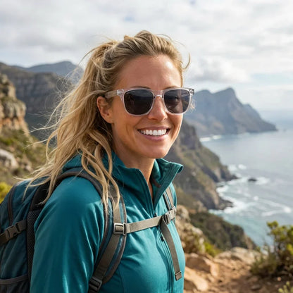 Mujer usando lentes sol Acacia XL Vintage Sol Polarizado polarizados transparente aventura outdoor sendero naturaleza Bonoboss #editorial_sustentabilidad #color_transparente