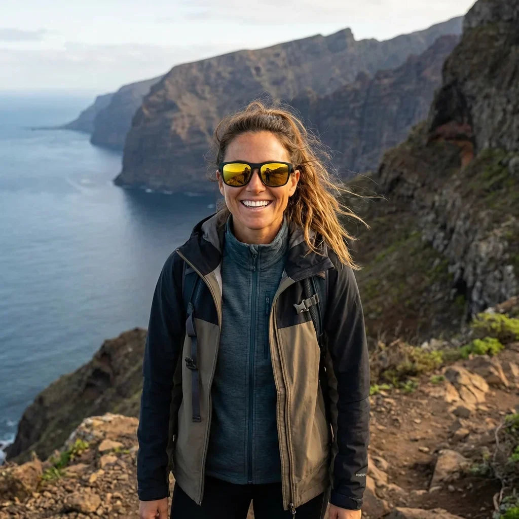 Mujer usando lentes sol Lautaro Dark acetato polarizados espejado dorado aventura outdoor sendero naturaleza Bonoboss #editorial_sustentabilidad #color_espejado-dorado