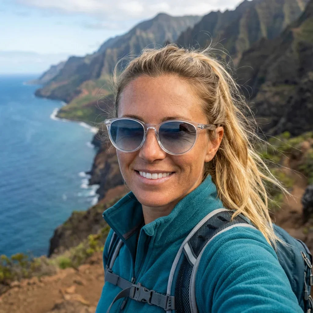 Women wearing lenses sun henua bio-acetate polarized clear aventura outdoor naturaleza sendero UV protection bonoboss #editorial_sustentabilidad #color_transparente