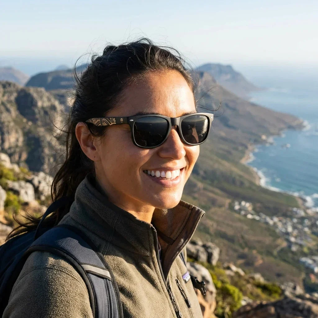 Women wearing lenses sun acacia dark designers polarized smoke aventura outdoor sendero naturaleza bonoboss #editorial_sustentabilidad #color_smoke