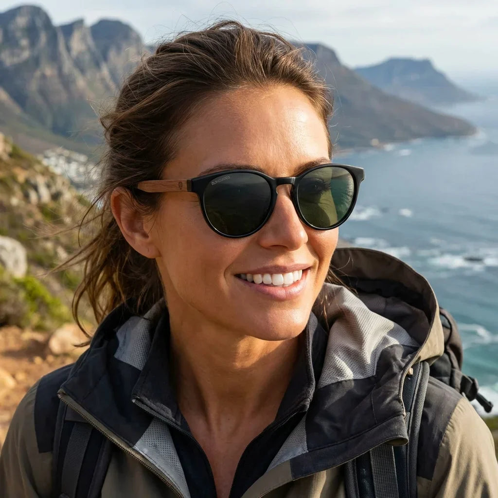 Mujer usando lentes sol Chiloe 220 Black polarizados G15 aventura outdoor sendero naturaleza Bonoboss #editorial_sustentabilidad #color_g15