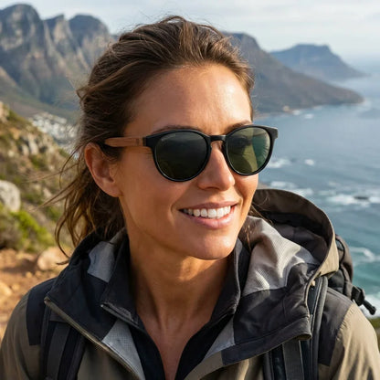 Mujer usando lentes sol Chiloe 220 Black polarizados G15 aventura outdoor sendero naturaleza Bonoboss #editorial_sustentabilidad #color_g15