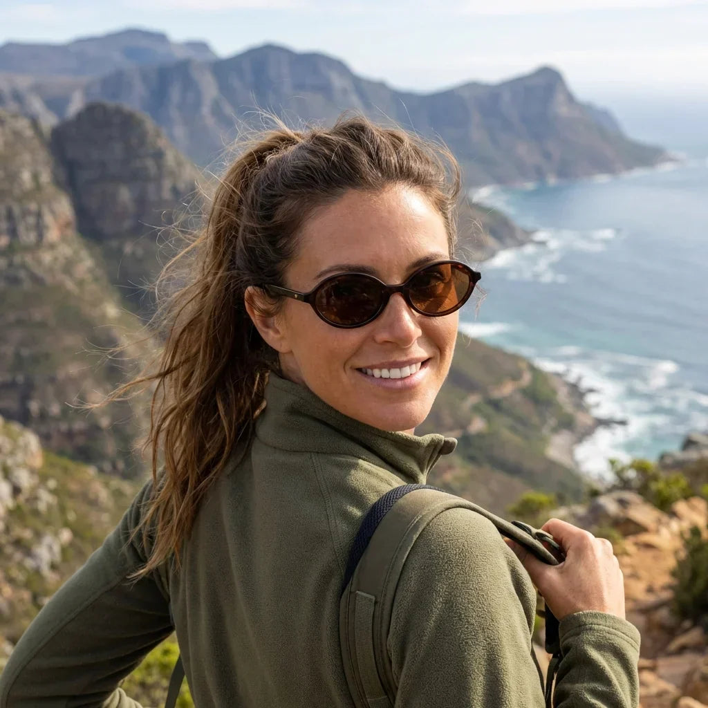 Mujer usando lentes sol Guapi Island bio-acetato polarizados carey aventura outdoor sendero naturaleza activa Bonoboss #editorial_sustentabilidad #color_carey