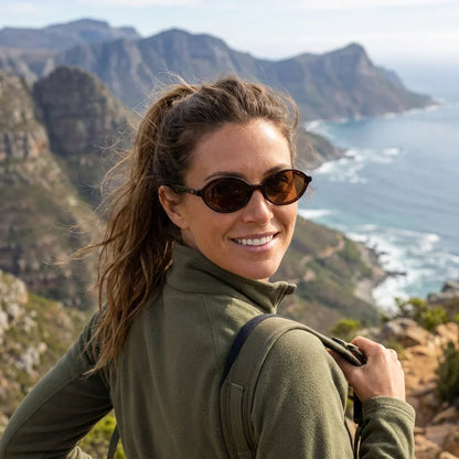 Mujer usando lentes sol Guapi Island bio-acetato polarizados carey aventura outdoor sendero naturaleza activa Bonoboss #editorial_sustentabilidad #color_carey