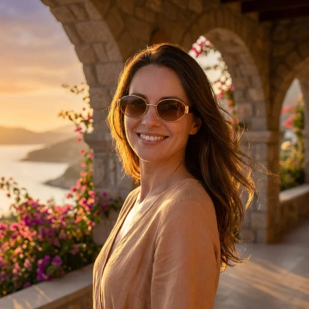 Mujer usando lentes sol New Lennon bio-acetato polarizados brown golden hour atardecer costero elegancia UV proteccion Bonoboss #editorial_banner #color_brown