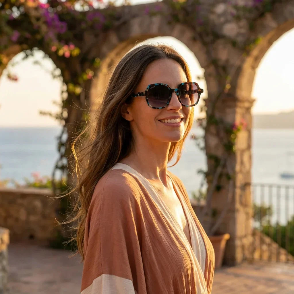 Mujer usando lentes sol Canarias bio-acetato polarizados Azul mujer golden hour atardecer costero elegante Bonoboss #editorial_banner #color_azul