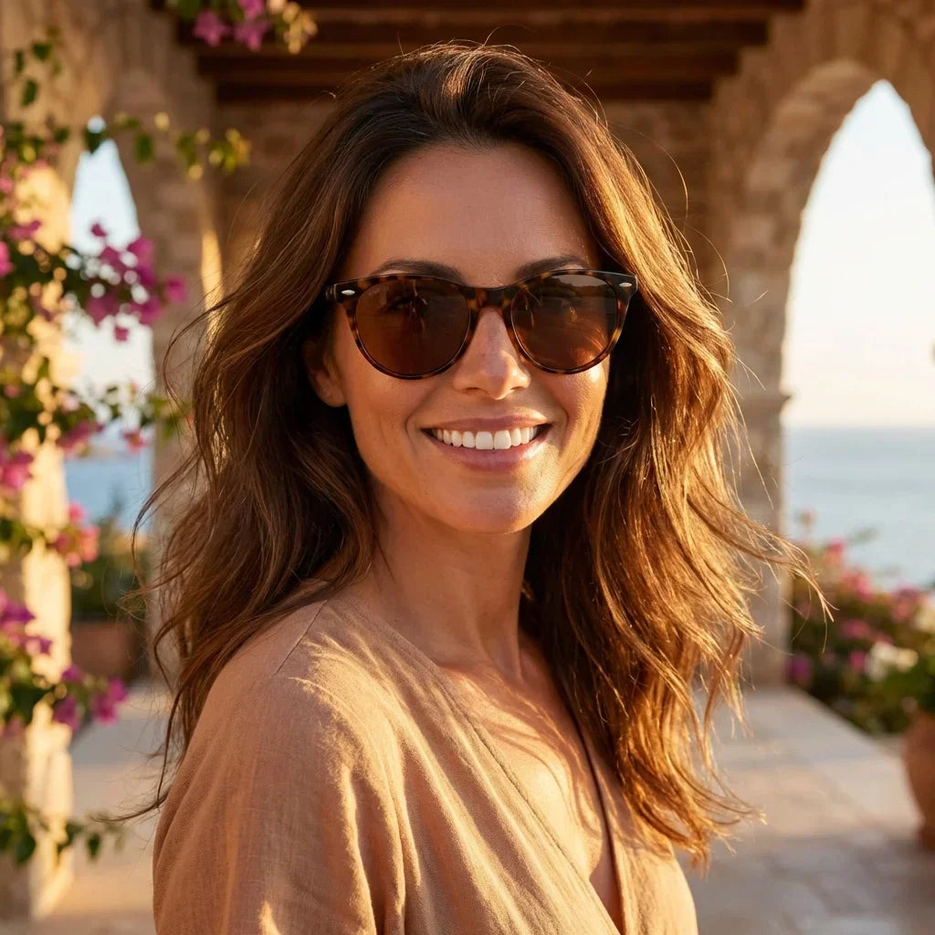 Mujer usando lentes sol Hanga Roa bio-acetato polarizados carey golden hour atardecer costero elegancia UV Bonoboss #editorial_banner #color_carey