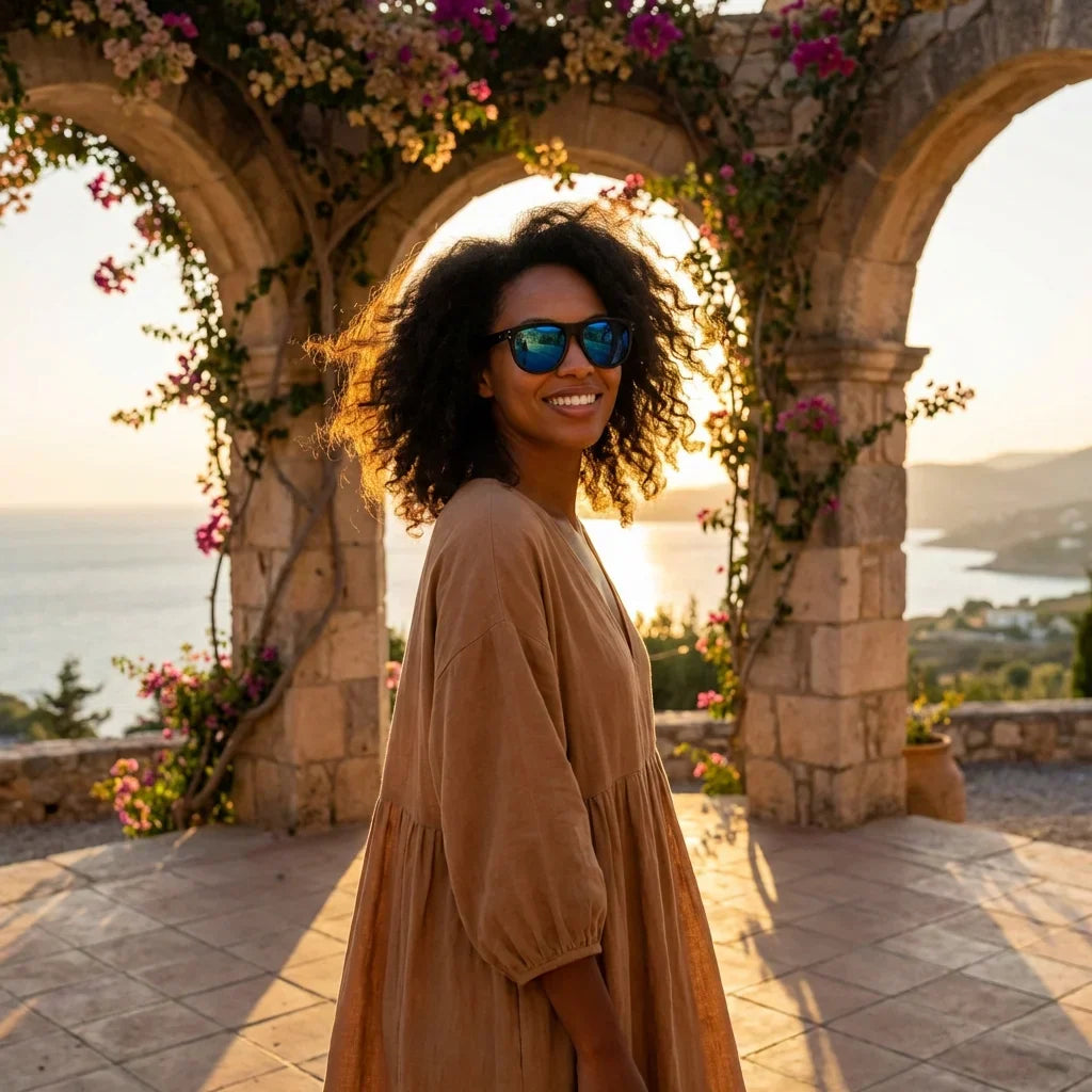 Women wearing lenses sun girlfriend reverse bio-acetate polarized mirrored blue golden hour sunset coastal elegancia bonoboss #editorial_banner #color_espejado-azul