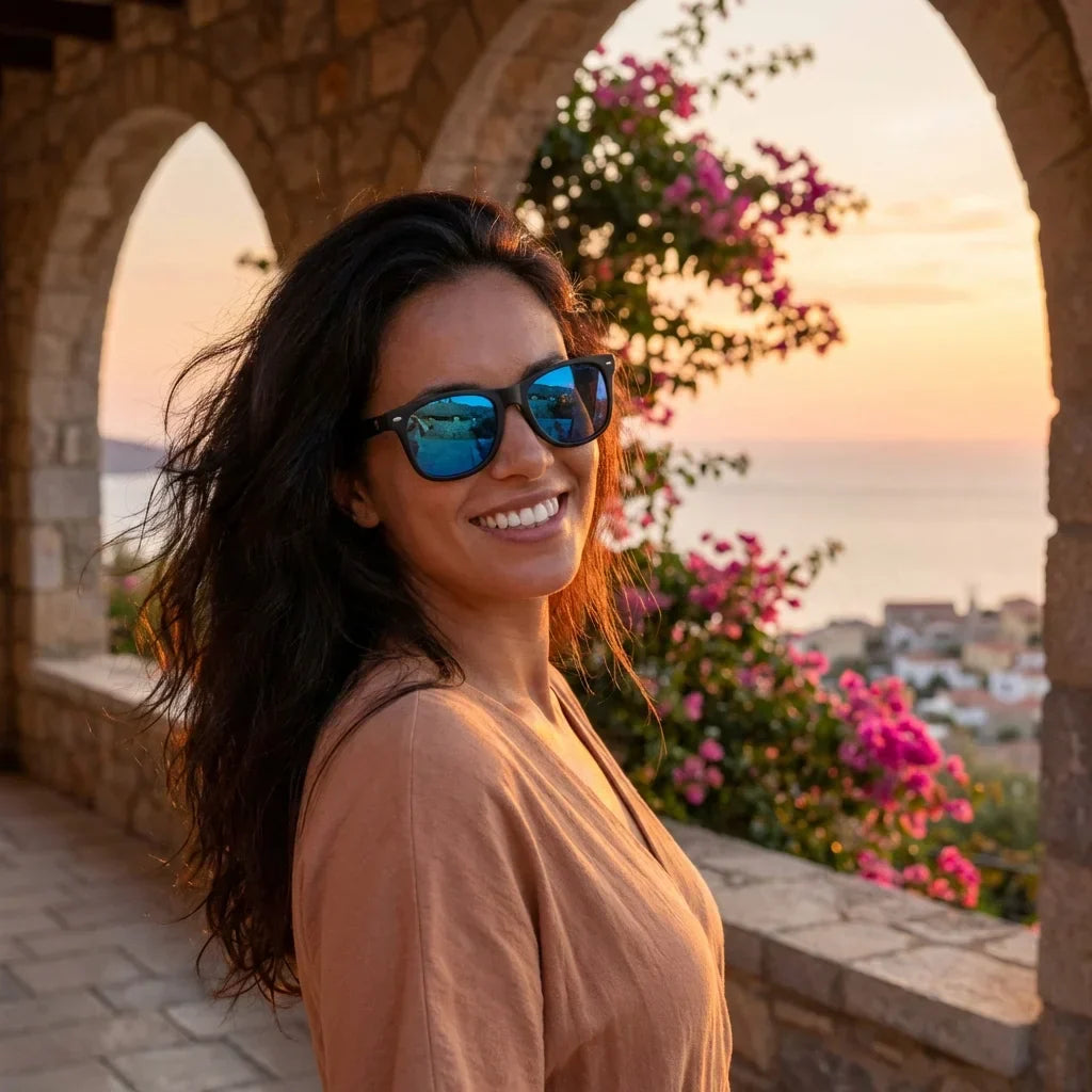 Mujer usando lentes sol Acacia Dark madera acacia polarizados sky golden hour atardecer costero proteccion UV Bonoboss #editorial_banner #color_sky