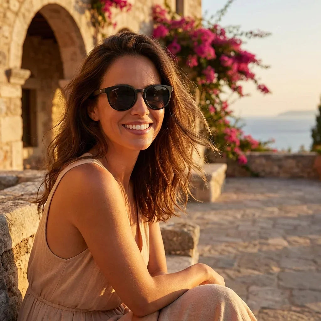 Mujer usando lentes sol Meli Dark bio-acetato polarizados Negro mujer golden hour atardecer costero Bonoboss Chile #editorial_banner #color_negro