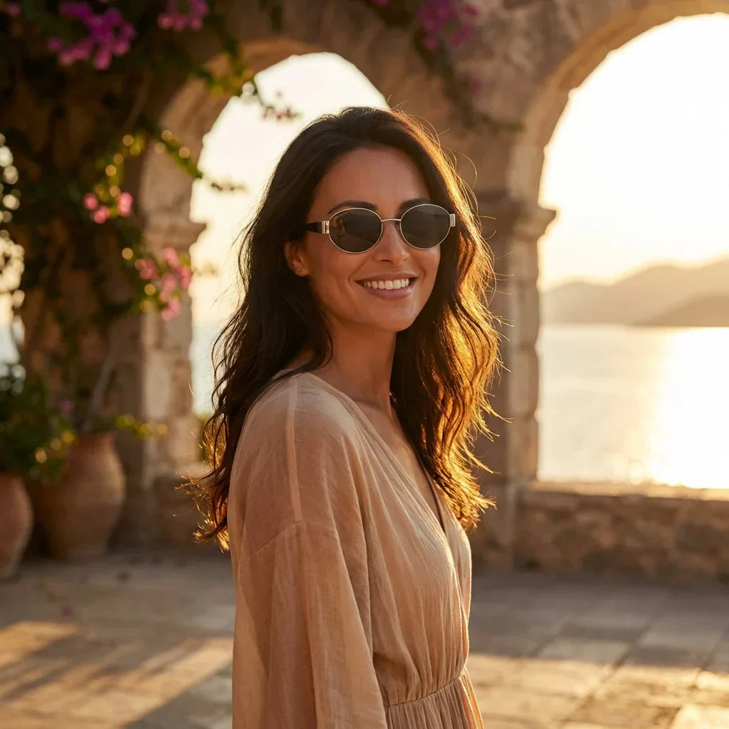 Mujer usando lentes sol New Lennon bio-acetato polarizados silver golden hour atardecer costero elegancia UV proteccion Bonoboss #editorial_banner #color_silver