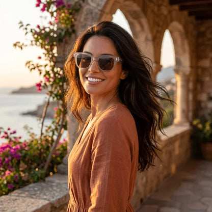Mujer usando lentes sol Osorno RPET reciclado transparente golden hour luz dorada costero casual Bonoboss #editorial_banner #color_transparente