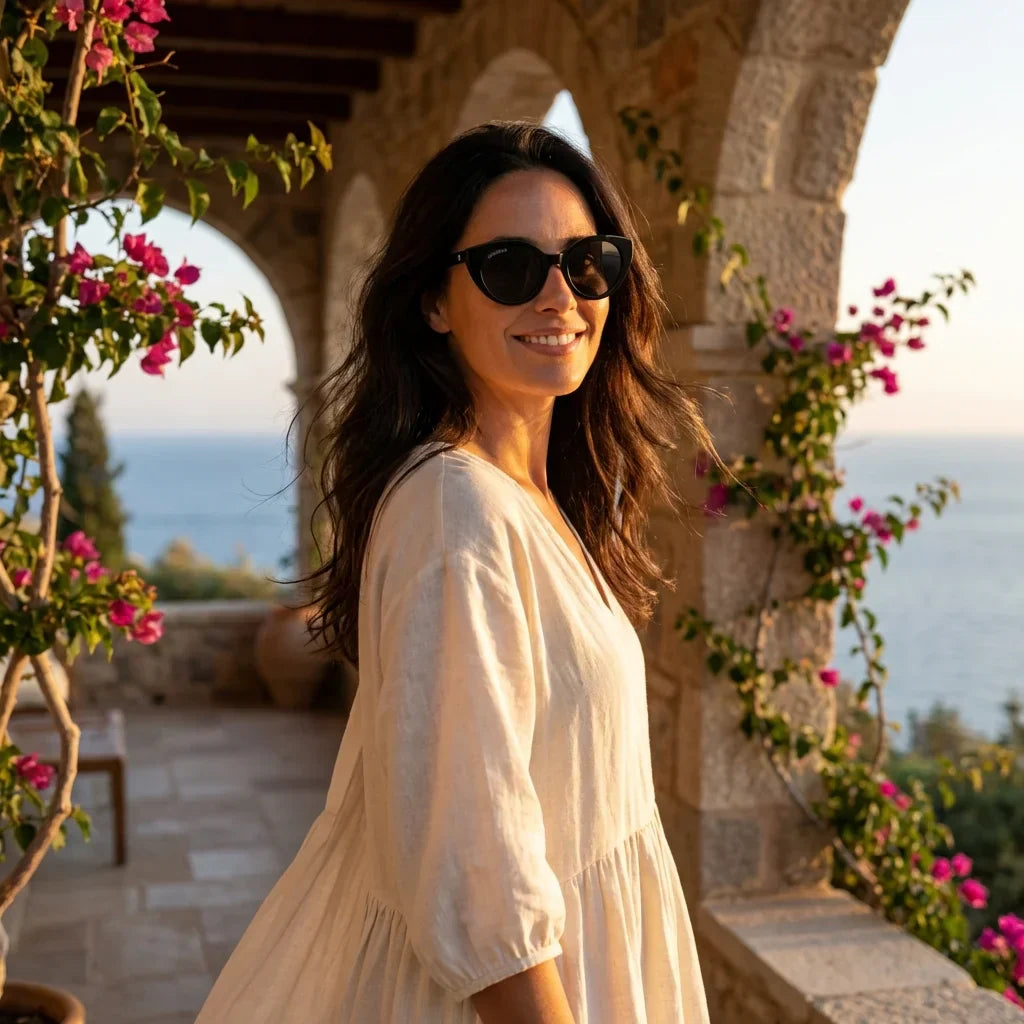 Women wearing lenses sun hannover bio-acetate polarized black golden hour sunset coastal UV protection bonoboss #editorial_banner #color_negro