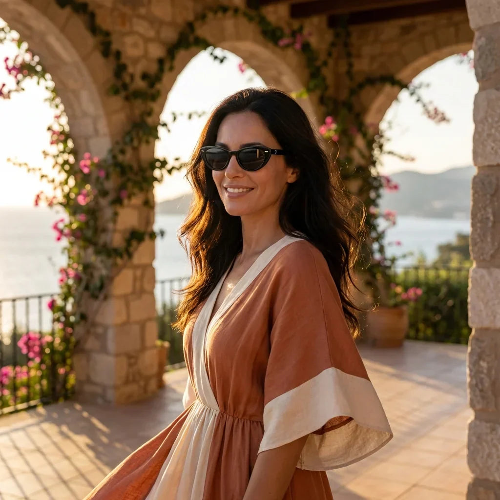 Women wearing lenses sun havana bio-acetate polarized black golden hour sunset coastal elegancia uv proteccion bonoboss #editorial_banner #color_negro
