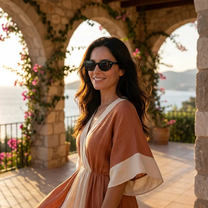 Women wearing lenses sun havana bio-acetate polarized black golden hour sunset coastal elegancia uv proteccion bonoboss #editorial_banner #color_negro