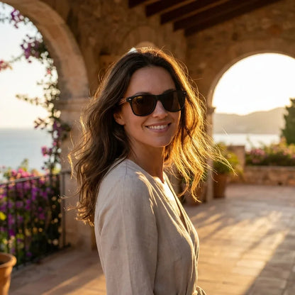 Mujer usando lentes sol Acacia madera zebrano polarizados Negro Brown mujer golden hour atardecer costero elegante Bonoboss #editorial_banner #color_negro-brown