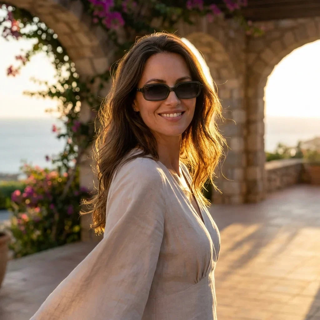 Mujer usando lentes sol Navarino bio-acetato polarizados verde golden hour atardecer costero elegancia UV proteccion Bonoboss #editorial_banner #color_verde