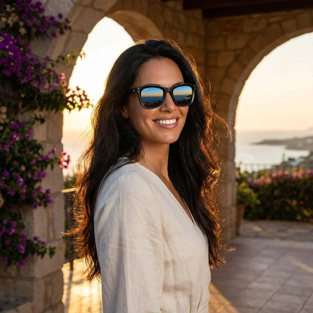 Women wearing lenses sun acacia reverse wood zebrawood polarized mirrored blue women golden hour sunset coastal elegant bonoboss #editorial_banner #color_espejado-azul