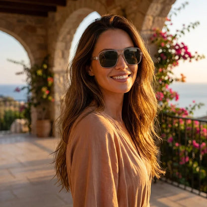 Mujer usando lentes sol Orson RPET reciclado polarizados transparente golden hour atardecer playa estilo casual Bonoboss #editorial_banner #color_transparente