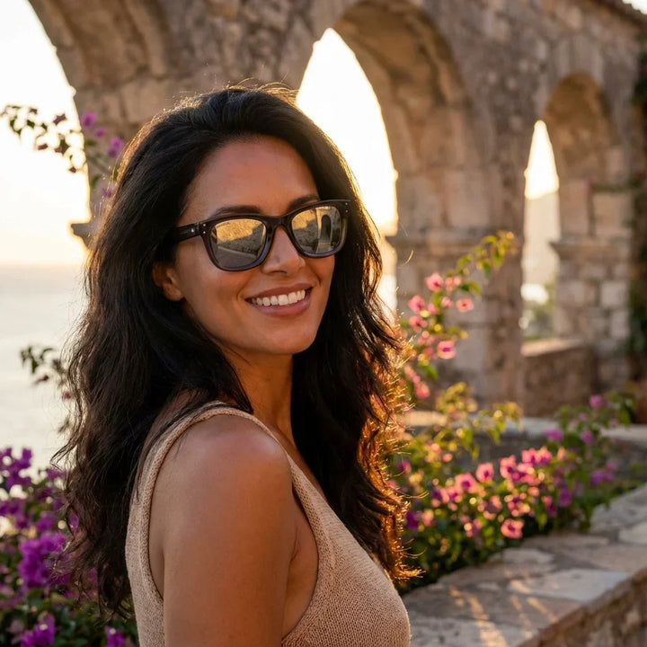 Women wearing lenses sun acacia reverse wood zebrawood polarized mirrored gray women golden hour sunset coastal elegant bonoboss #editorial_banner #color_espejado-gris