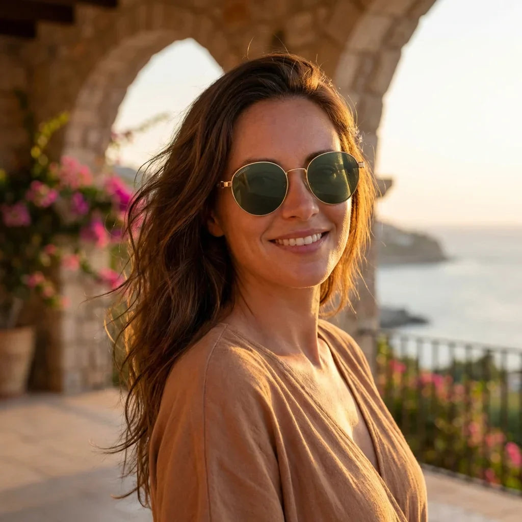 Lentes de sol de madera Harry Gold, micas polarizadas con protección UV400, sobre una mujer con luz de hora dorada #editorial_banner #color_g15