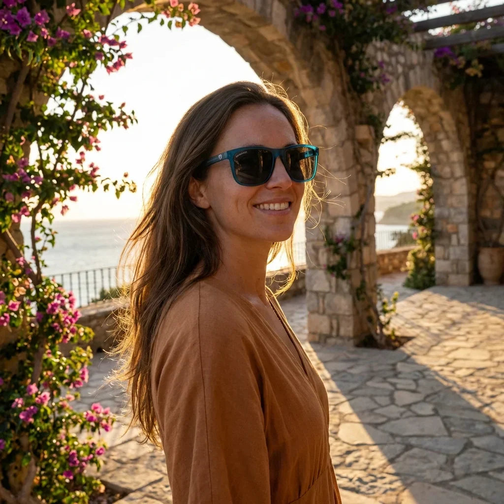 Mujer usando lentes sol Rapanui RPET reciclado polarizados ocean golden hour playa proteccion UV elegante Bonoboss #editorial_banner #color_ocean