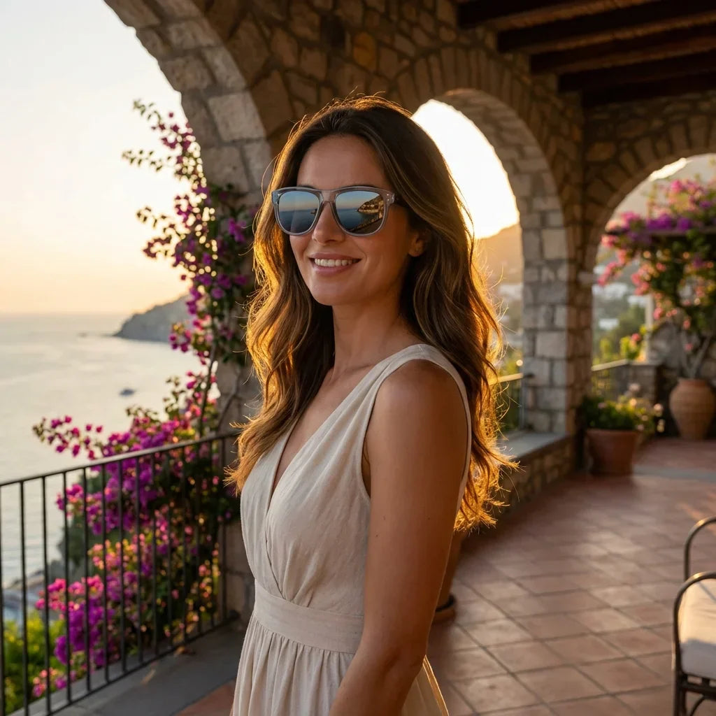 Women wearing lenses sun girlfriend reverse bio-acetate polarized mirrored gray golden hour sunset coastal elegancia bonoboss #editorial_banner #color_espejado-gris
