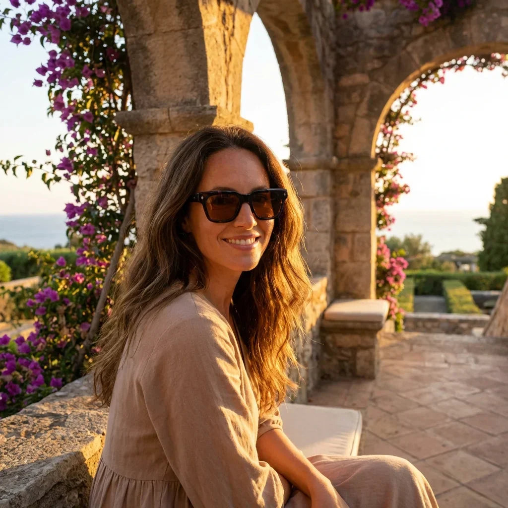 Mujer usando lentes sol Bruno bio-acetato polarizados Carey mujer golden hour atardecer costero elegante Bonoboss #editorial_banner #color_carey