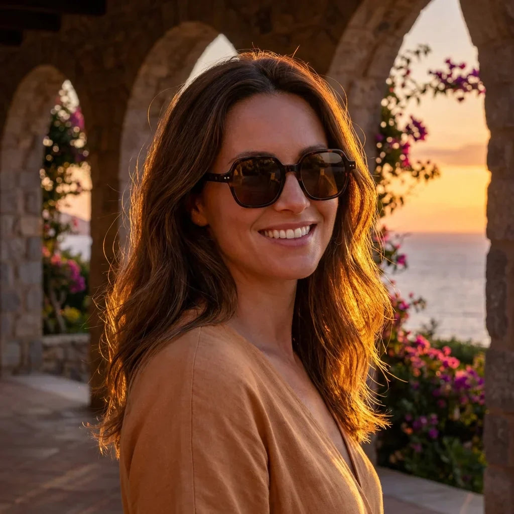 Mujer usando lentes sol Canarias bio-acetato polarizados Carey mujer golden hour atardecer costero elegante Bonoboss #editorial_banner #color_carey