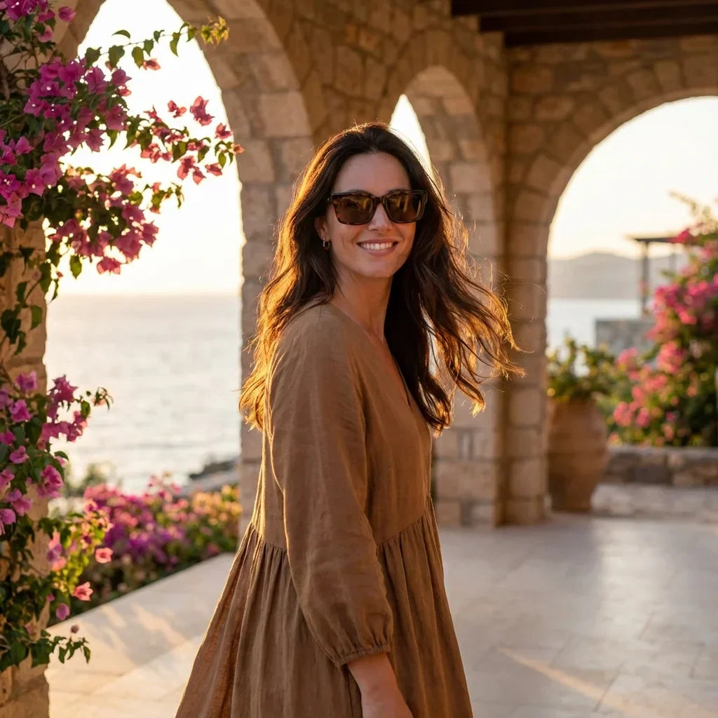 Mujer usando lentes sol Amsterdam polarizados carey golden hour atardecer dorado elegante Bonoboss #editorial_sustentabilidad #color_carey
