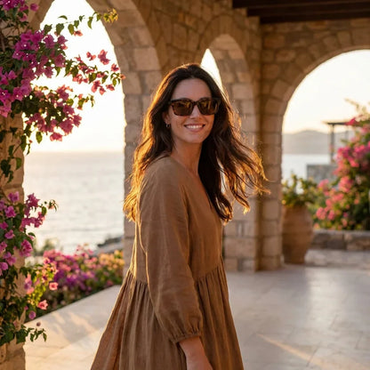 Mujer usando lentes sol Amsterdam polarizados carey golden hour atardecer dorado elegante Bonoboss #editorial_sustentabilidad #color_carey