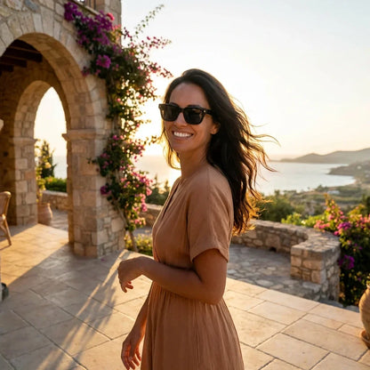 Mujer usando lentes sol Bruno bio-acetato polarizados Negro mujer golden hour atardecer costero elegante Bonoboss #editorial_banner #color_negro