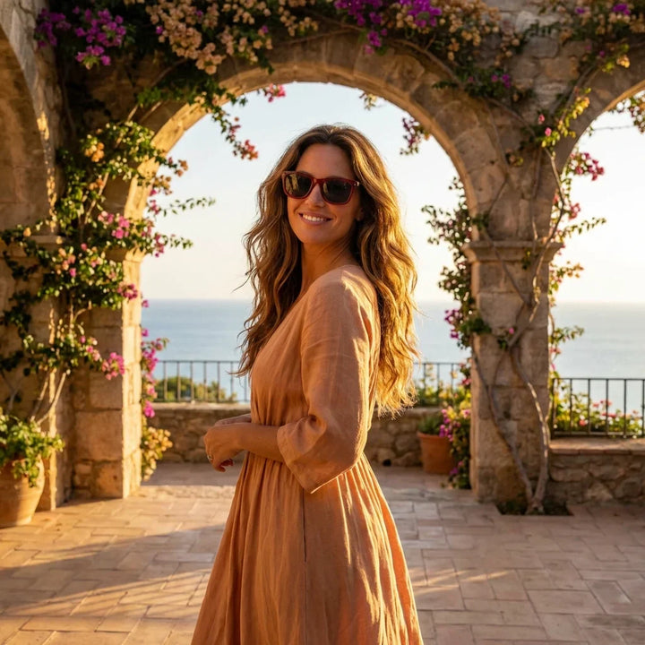 Women wearing lenses sun acacia reverse wood zebrawood polarized pink women golden hour sunset coastal elegant bonoboss #editorial_banner #color_rosado