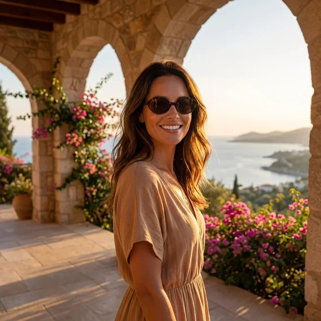 Mujer usando lentes sol Guapi Island bio-acetato polarizados carey golden hour atardecer dorado sofisticada Bonoboss #editorial_banner #color_carey