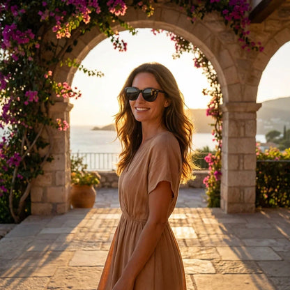 Mujer usando lentes sol Hanga Roa bio-acetato polarizados negro golden hour atardecer costero proteccion UV Bonoboss #editorial_banner #color_negro