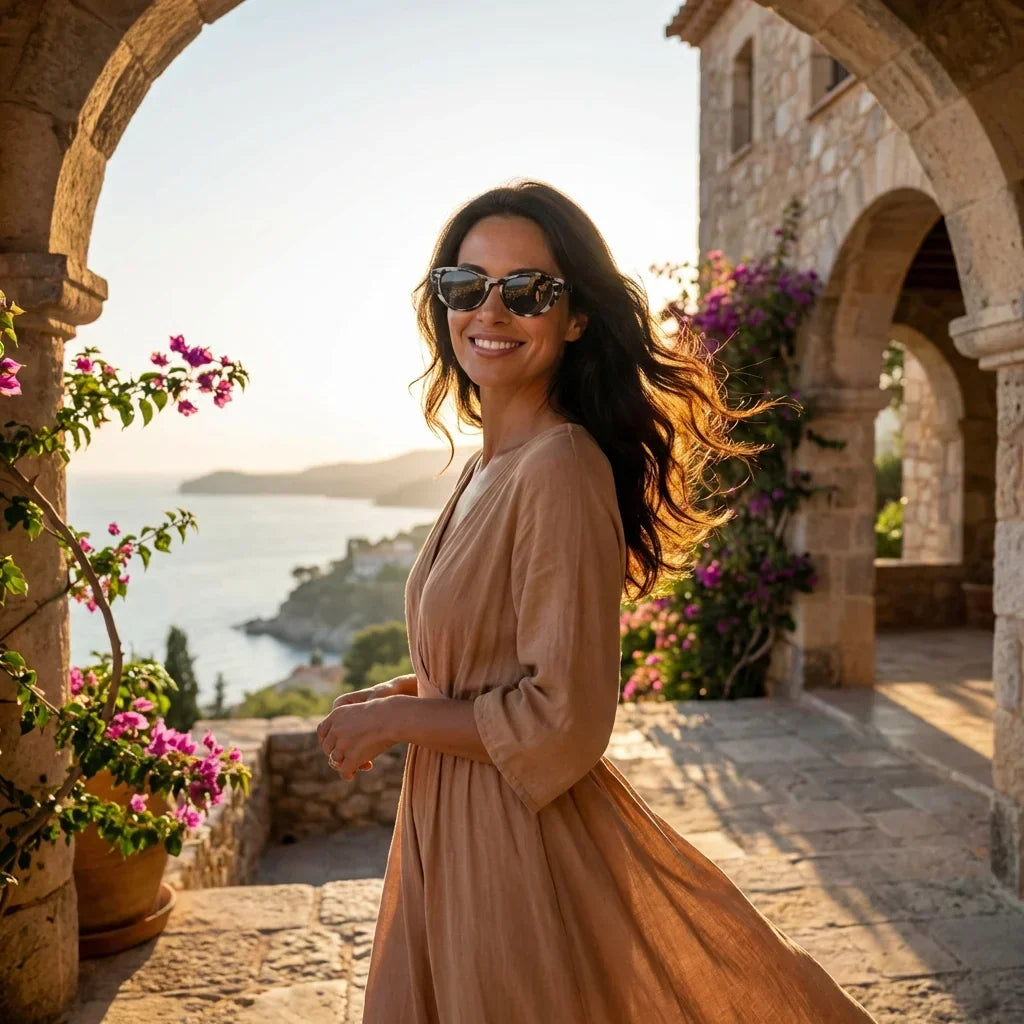 Women wearing lenses sun havana bio-acetate polarized marble golden hour sunset coastal elegancia uv proteccion bonoboss #editorial_banner #color_marble