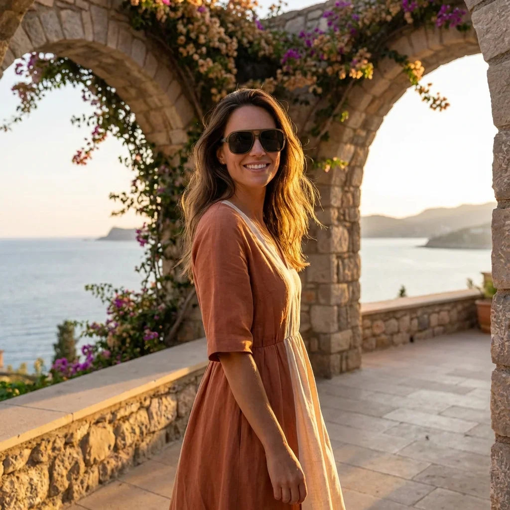 Mujer usando lentes sol Orson RPET reciclado polarizados olive golden hour atardecer costero look natural Bonoboss #editorial_banner #color_olive