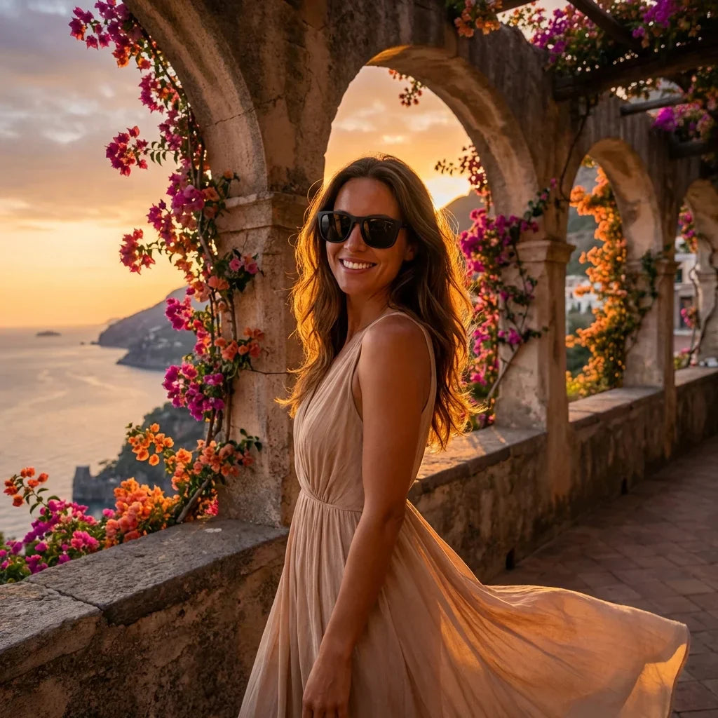 Mujer usando lentes sol Lautaro Dark acetato polarizados negro golden hour atardecer dorado elegante Bonoboss #editorial_banner #color_negro