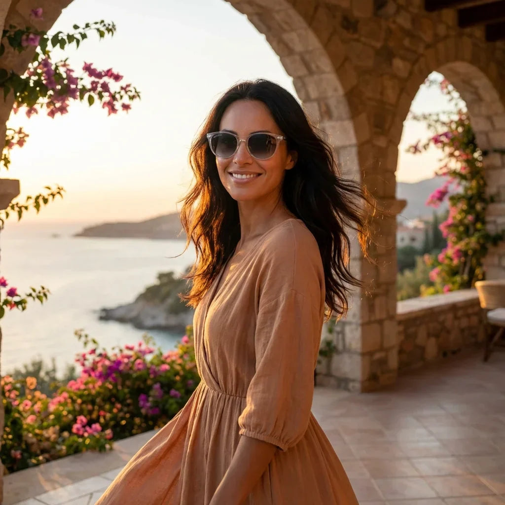 Mujer usando lentes sol Hanga Roa bio-acetato polarizados transparente golden hour atardecer costero proteccion UV Bonoboss #editorial_banner #color_transparente