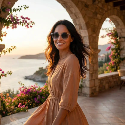 Mujer usando lentes sol Hanga Roa bio-acetato polarizados transparente golden hour atardecer costero proteccion UV Bonoboss #editorial_banner #color_transparente