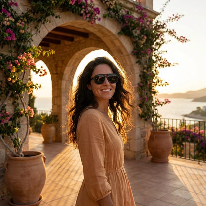 Mujer usando lentes sol Orson RPET reciclado polarizados dark golden hour luz dorada costero sofisticada Bonoboss #editorial_banner #color_black