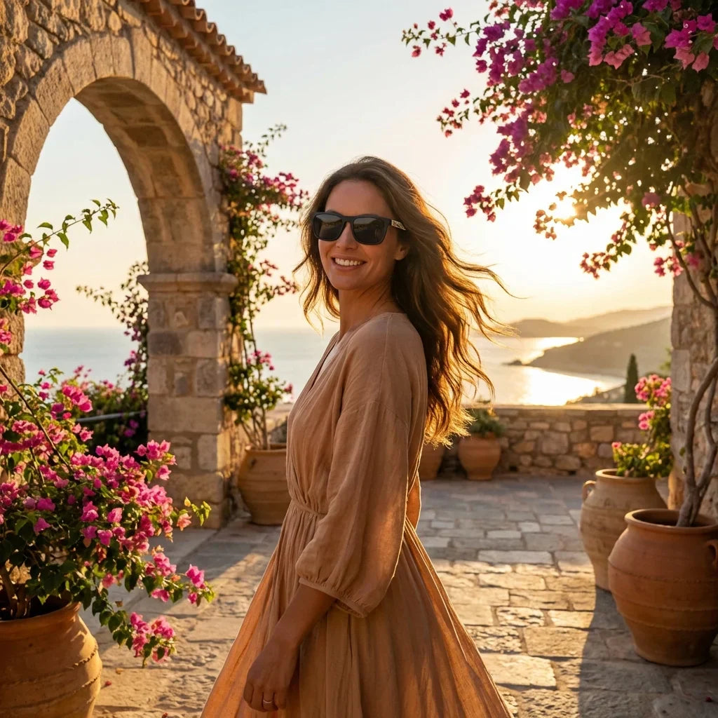 Mujer usando lentes sol Lautaro Dark Designer's madera polarizados waves golden hour atardecer costero elegancia UV proteccion Bonoboss #editorial_banner #color_waves
