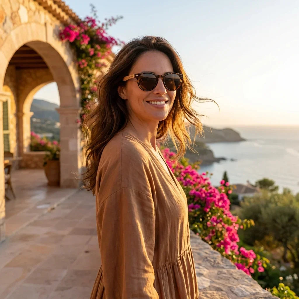 Mujer usando lentes sol Chiloe 220 Black polarizados carey golden hour atardecer dorado elegante Bonoboss #editorial_banner #color_carey