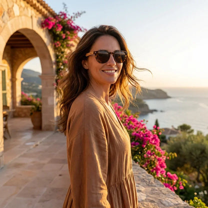 Mujer usando lentes sol Chiloe 220 Black polarizados carey golden hour atardecer dorado elegante Bonoboss #editorial_banner #color_carey