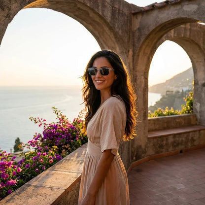 Mujer usando lentes sol Lautaro RPET RPET reciclado polarizados transparente golden hour atardecer dorado Bonoboss #editorial_banner #color_transparente