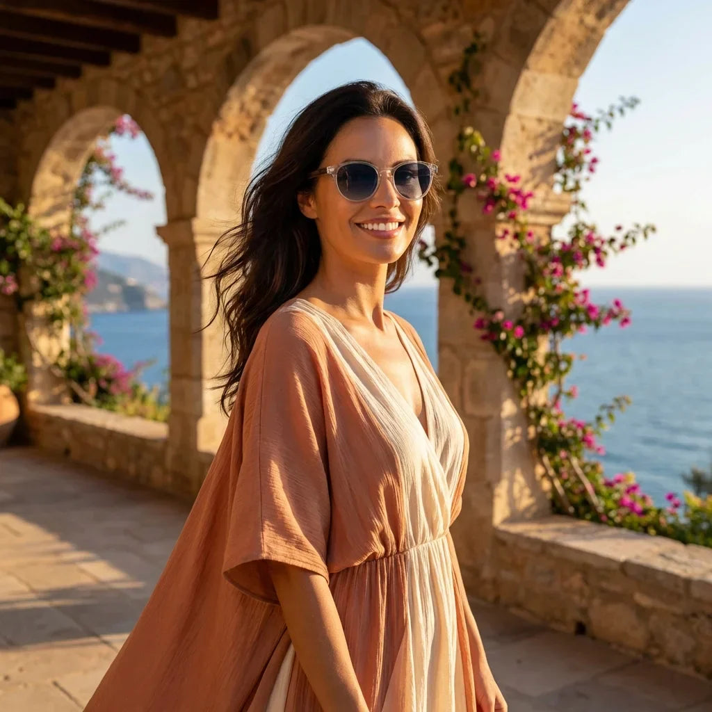 Mujer usando lentes sol Chiloe 220 Black polarizados degrade azul golden hour atardecer dorado elegante Bonoboss #editorial_sustentabilidad #color_degrade-azul