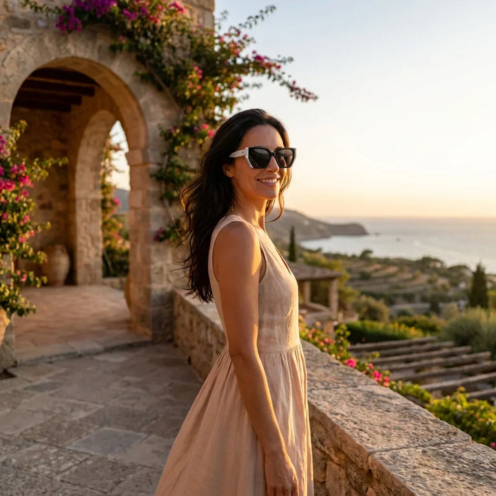 Women wearing lenses sun di trevi bio-acetate polarized black golden hour sunset coastal elegancia uv proteccion bonoboss #editorial_banner #color_black