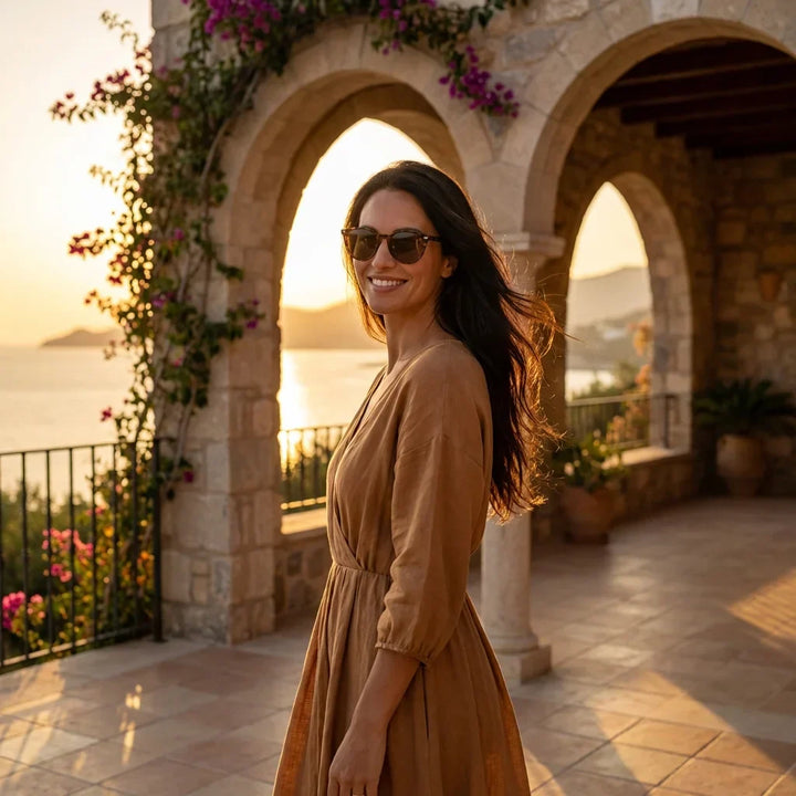 Women wearing lenses sun henua bio-acetate polarized tortoise golden hour sunset coastal elegancia uv proteccion bonoboss #editorial_banner #color_carey